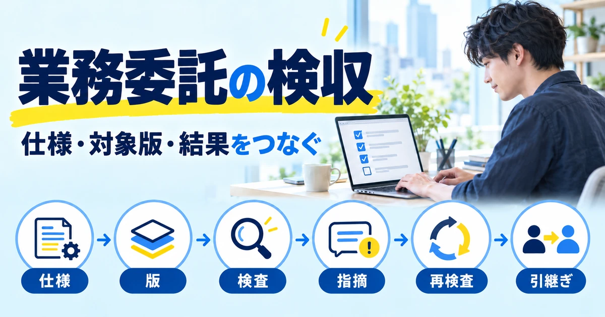業務委託の検収で仕様、対象版、検査、指摘、再検査、引継ぎを順に確認する図