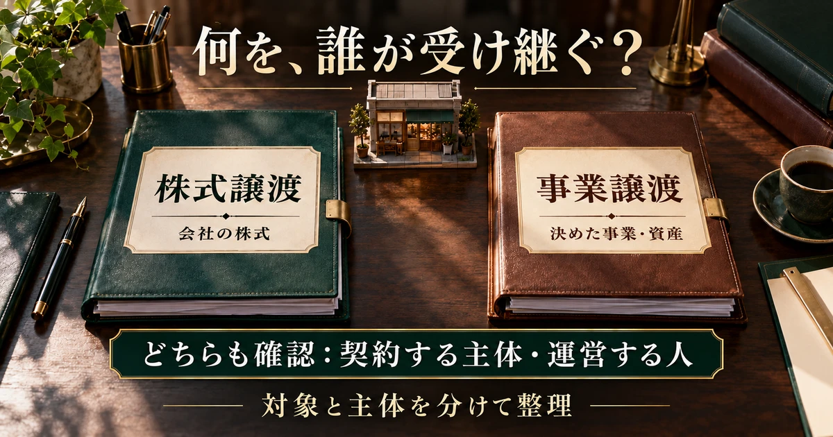 株式譲渡と事業譲渡の対象、契約主体と運営者を分ける説明用生成画像