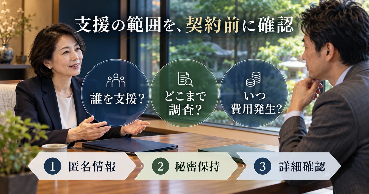 支援者の役割、調査範囲、費用と秘密保持の手順を確認する説明用生成画像