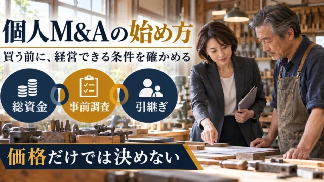 個人M&Aの総資金、事前調査、引継ぎを確認する買い手の説明用生成画像