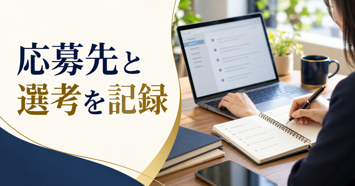 応募メールの抽象的な画面と選考経過のノート