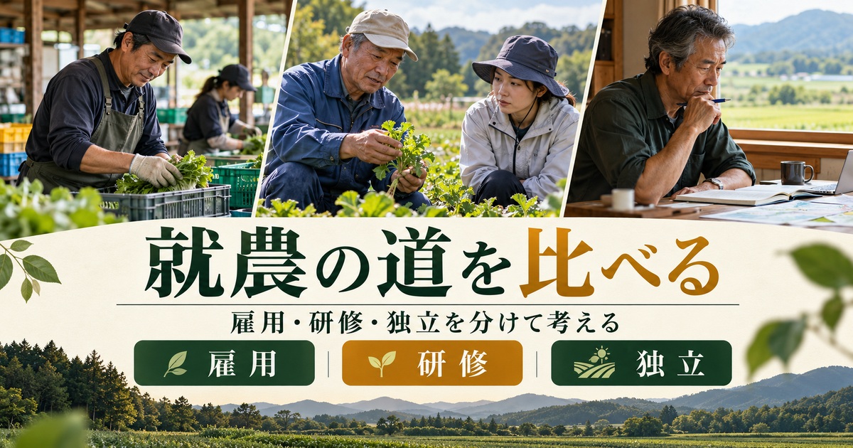 雇用・研修・独立の就農の道を分けて考える。