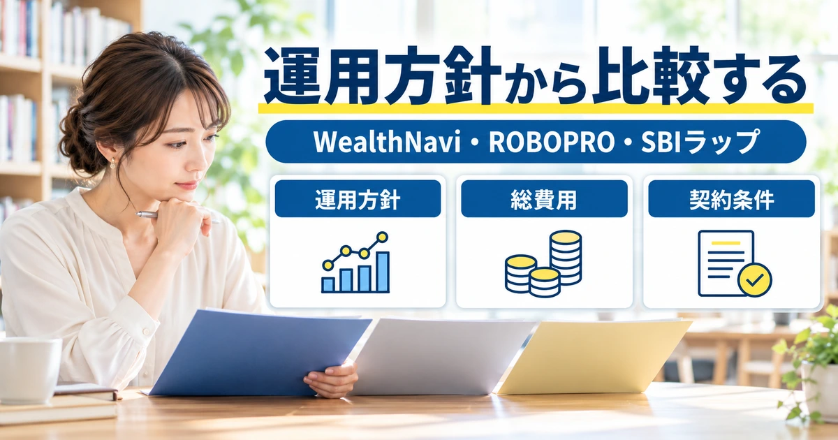 WealthNavi・ROBOPRO・SBIラップを運用方針・総費用・契約条件から比較する図