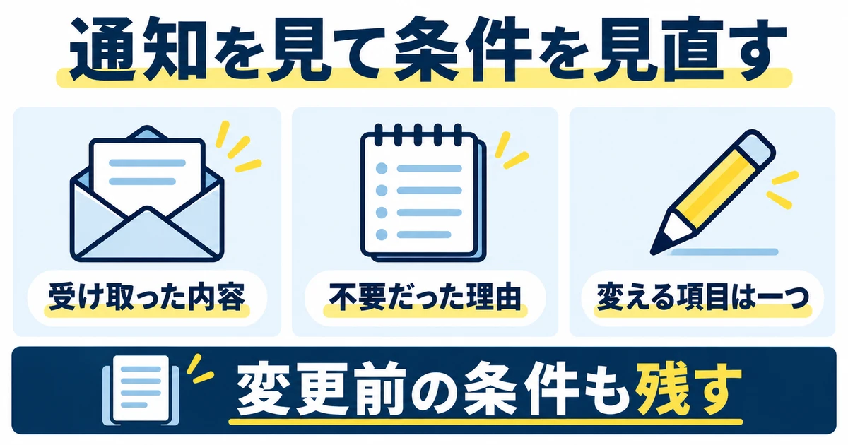 受け取った内容、不要だった理由、変更する一項目を整理する図
