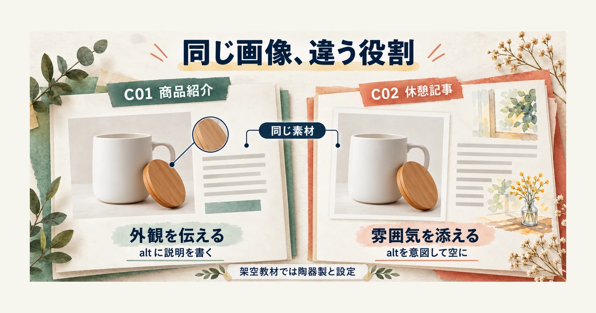 同じ白いマグの画像を、商品紹介では外観説明に、休憩記事では雰囲気づくりに使う比較