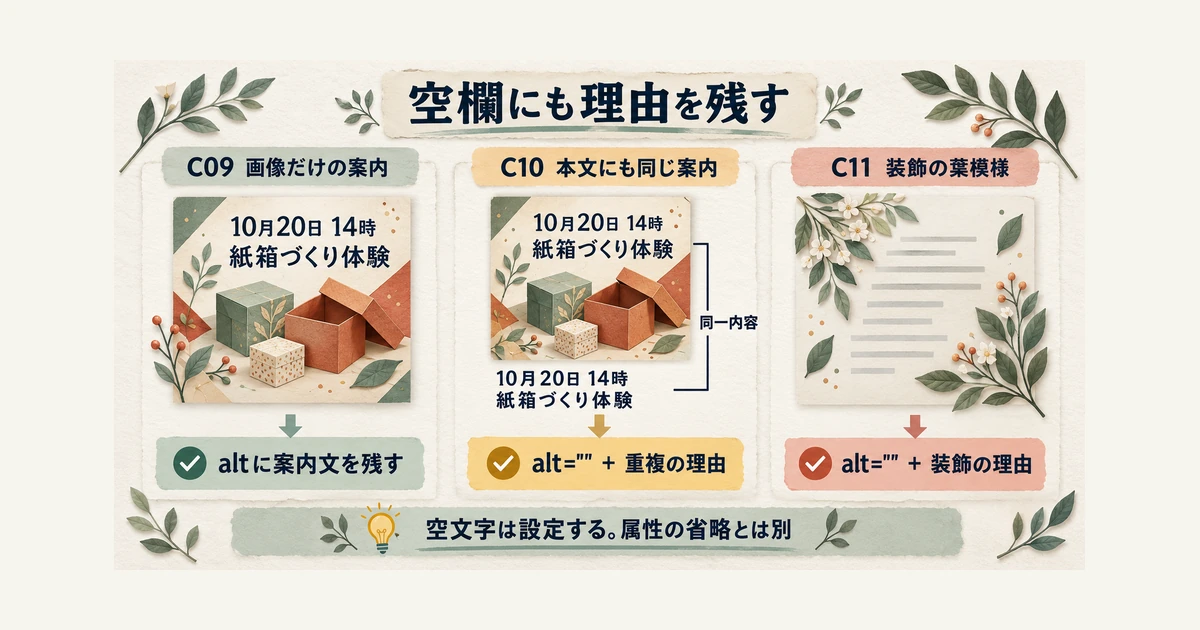 画像だけにある案内文はaltに残し、同じ案内文が本文にそろう画像と装飾の葉模様は理由を記録して空にする例