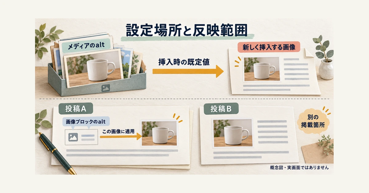 メディアのaltは別の場所へ挿入するときの既定値となり、画像ブロックでの変更はその投稿や固定ページの対象画像に適用される範囲の違い