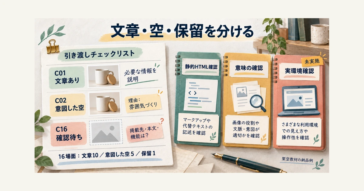 納品表で文章あり、理由を記録した意図的な空欄、用途確認待ちを分け、静的HTML確認と実環境の確認状況を別々に残す例