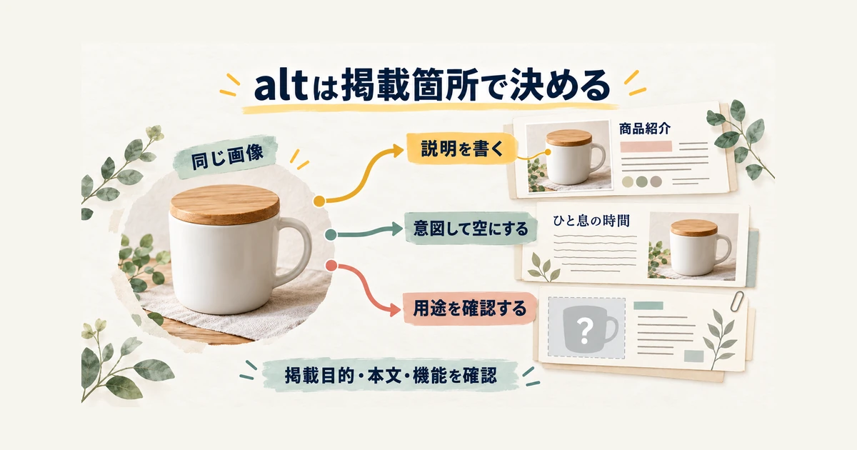 同じ画像でも掲載目的を確認して、説明を書くか空にするか保留するかを選ぶ考え方