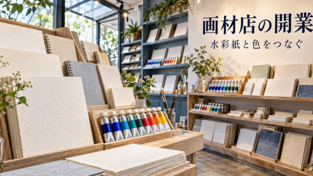 架空の小さな画材店に、水彩紙の冊子と包装済みの絵具を並べた開業記事の表紙