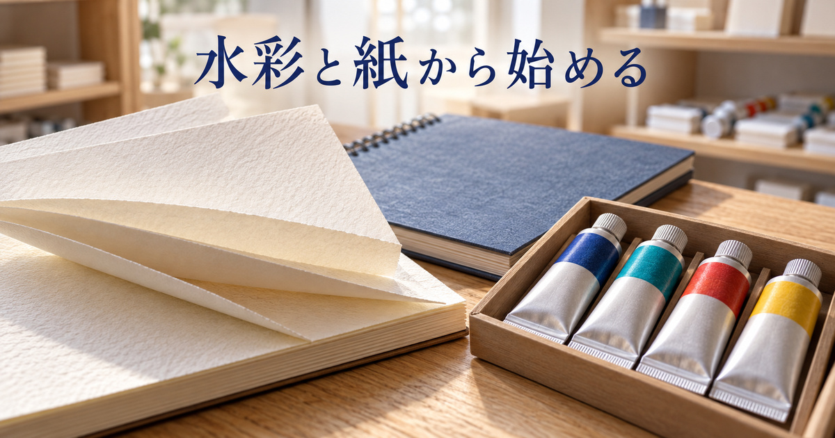 架空の画材店の商品選定台に、閉じた絵具のチューブと水彩紙の冊子を並べた場面