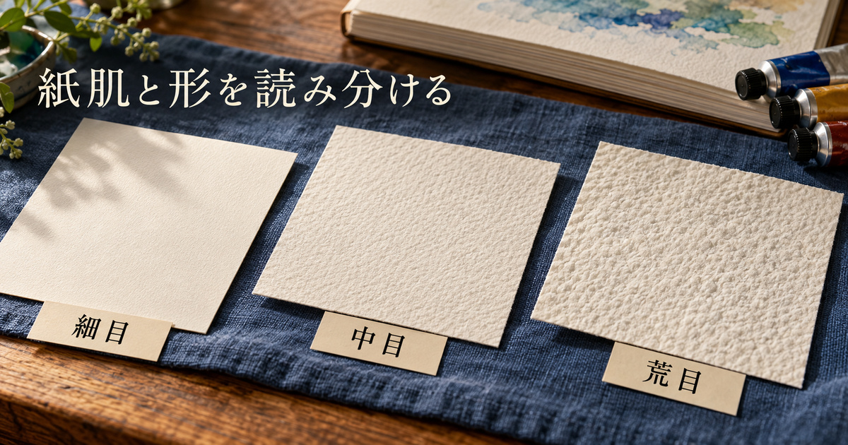 細目・中目・荒目という紙肌の違いを、架空の説明用の紙見本で示した接写