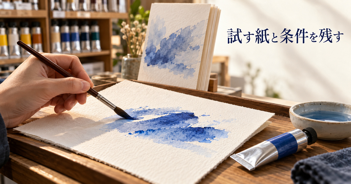 架空の試用場面で、成人の手元と筆、特定の紙と絵具を対応させるイメージ