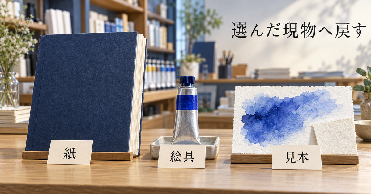 架空の画材店で、渡す水彩紙と絵具を、対応する見本と並べて確かめる場面