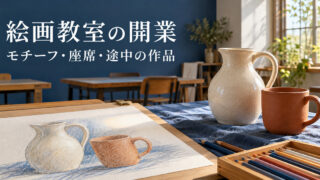 静物と描きかけの紙、鉛筆を主役にした成人向け絵画教室の架空の生成イメージ
