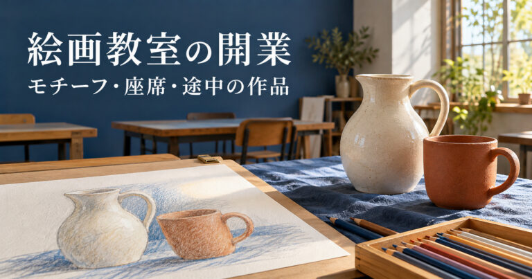 静物と描きかけの紙、鉛筆を主役にした成人向け絵画教室の架空の生成イメージ