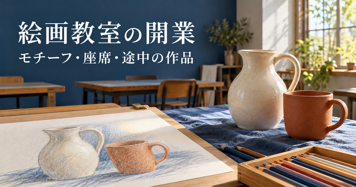 静物と描きかけの紙、鉛筆を主役にした成人向け絵画教室の架空の生成イメージ
