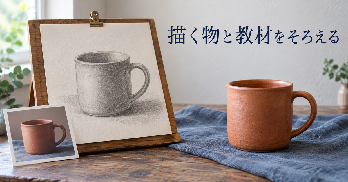 実物のカップと同じ題材の描画見本を対応させた、教材準備の生成イメージ