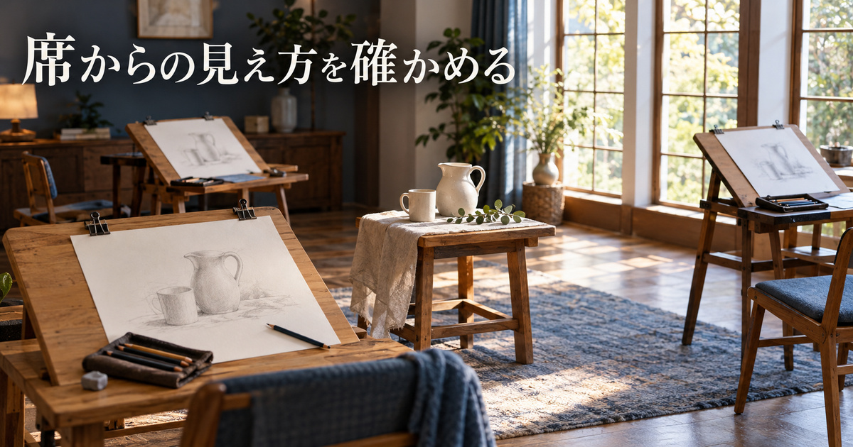 異なる席から同じ静物を見る関係を、机上と空間で示す架空の絵画教室イメージ
