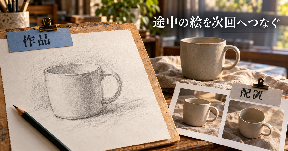 描きかけのカップの絵と配置の記録を対応させ、次回の再開を考える生成イメージ