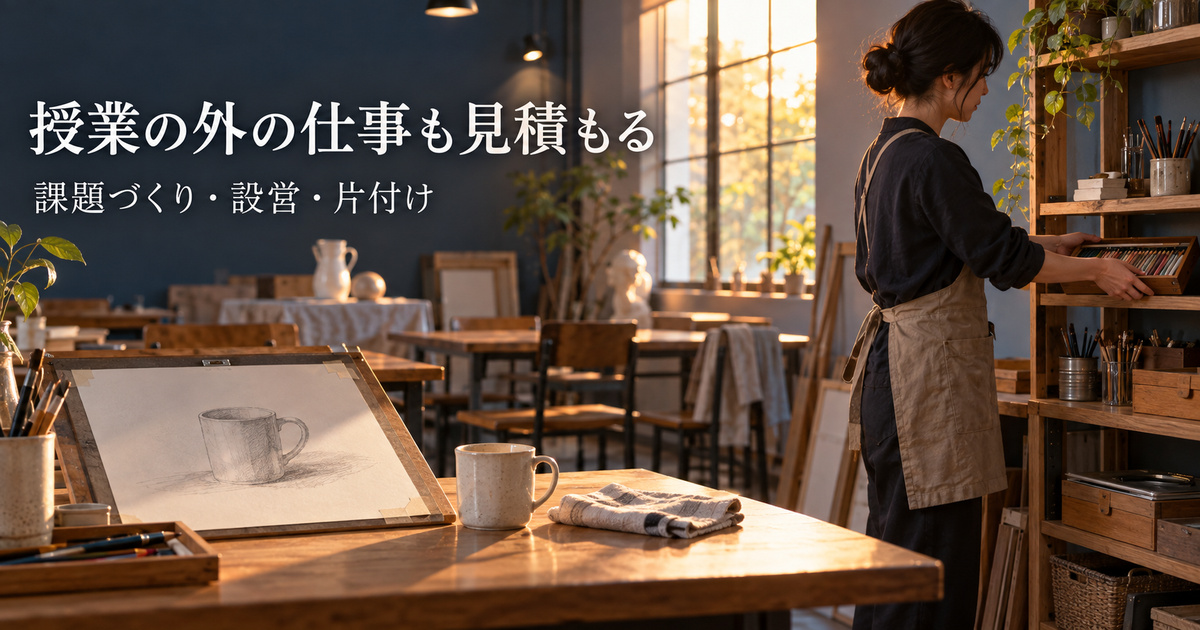 授業後の画材整理と机上の片付けから、教える時間以外の仕事を示す生成イメージ