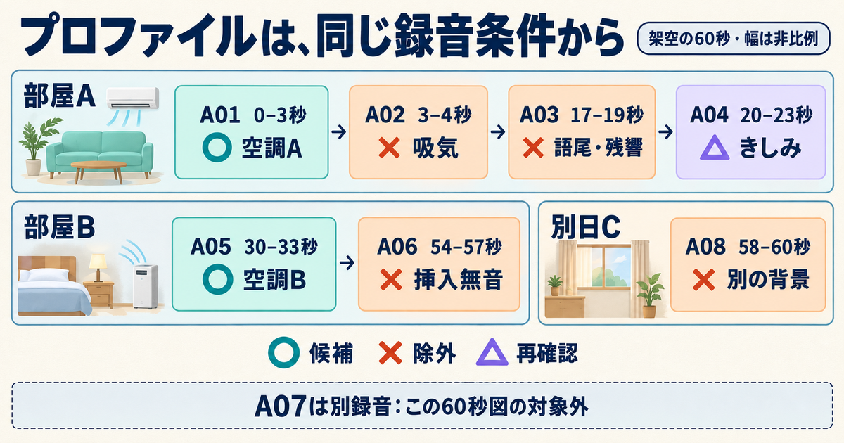 架空の60秒録音の7候補と部屋A・B・別日Cを示し、別録音A07を図外に分けたタイムライン