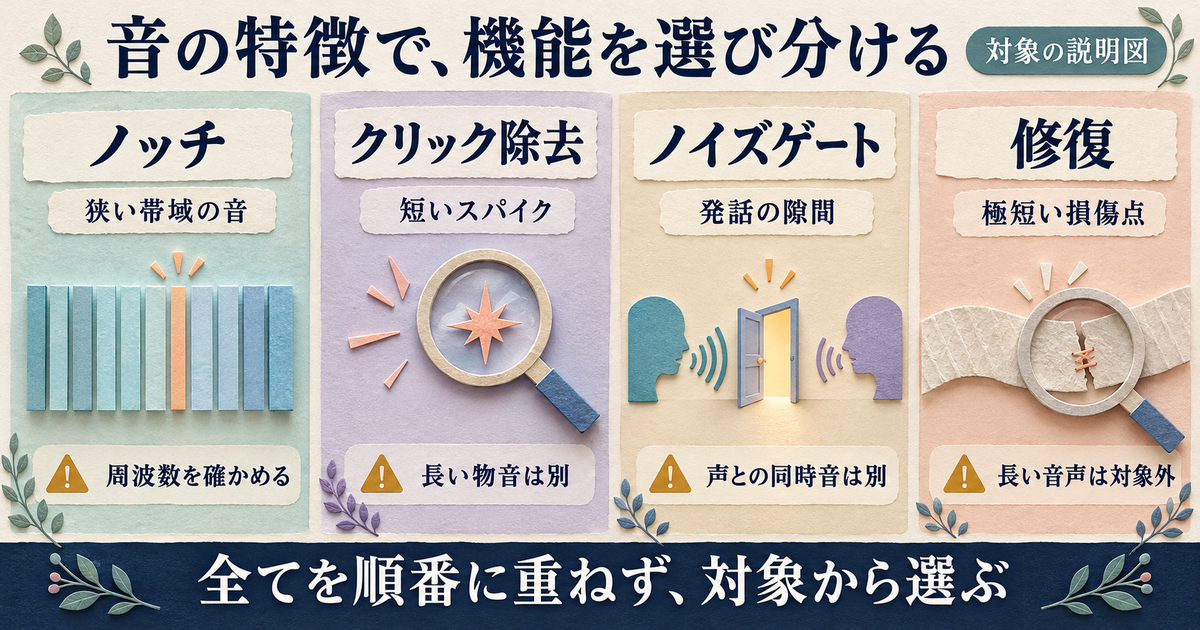 ノッチフィルター、クリック除去、ノイズゲート、修復が対象とする音の違いを示す説明図