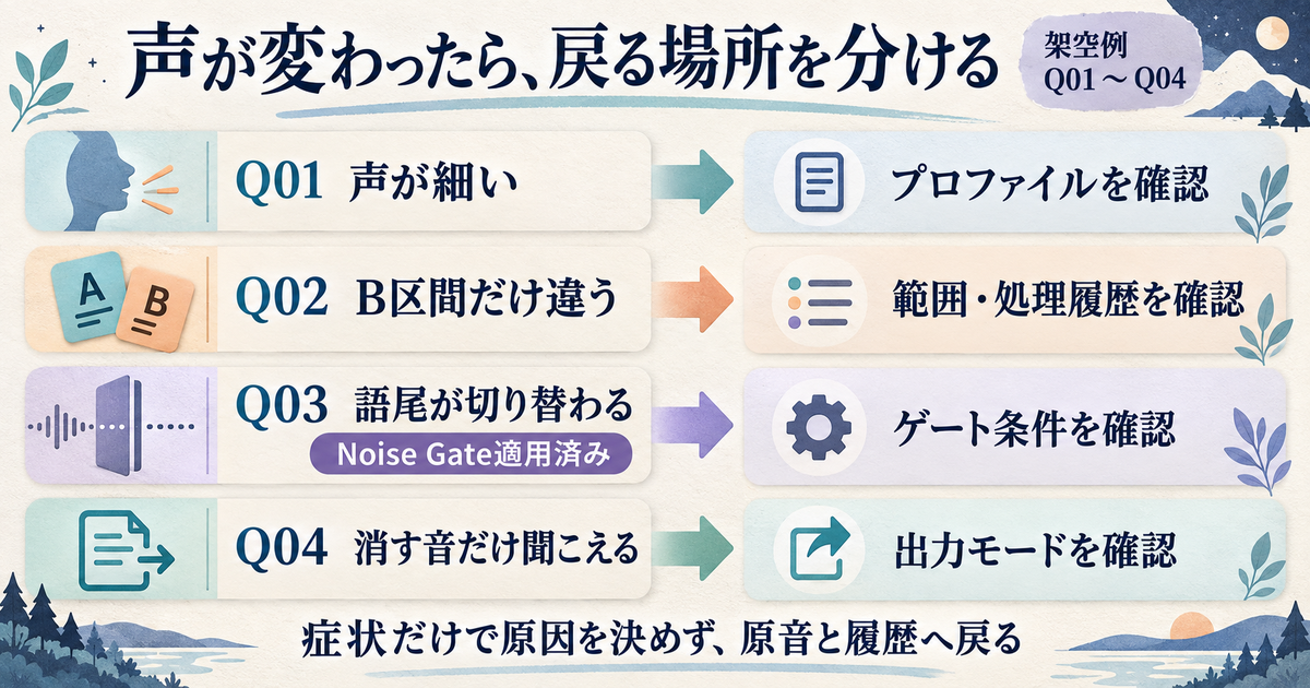 架空例Q01〜Q04の戻り先を示し、Q03はNoise Gate適用済みと明記した確認図
