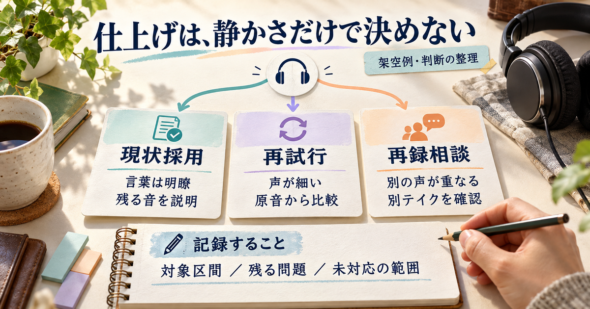 架空の音声例を現状採用、再試行、再録相談に分け、対象区間と残る問題を記録する説明図