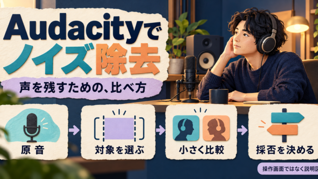 Audacityで原音から対象を選び、一項目ずつ比較して声を残す判断をする四段階の説明図