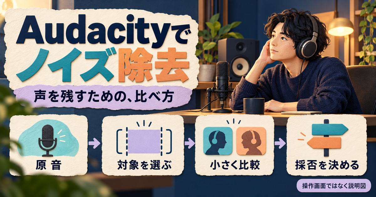 Audacityで原音から対象を選び、一項目ずつ比較して声を残す判断をする四段階の説明図