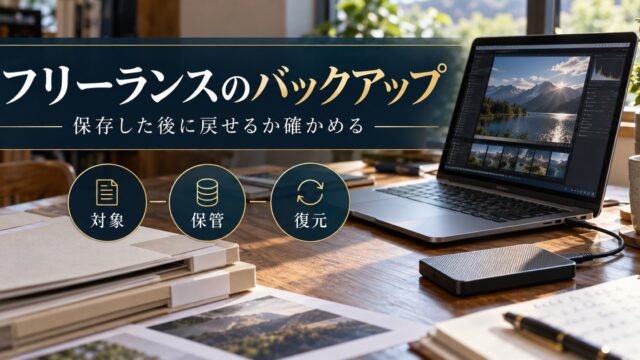 フリーランスのバックアップは対象・保管・復元を分け、保存後に戻せるか確かめる。