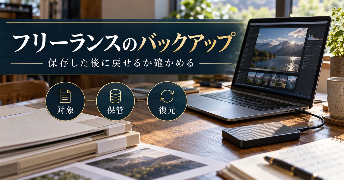 フリーランスのバックアップは対象・保管・復元を分け、保存後に戻せるか確かめる。