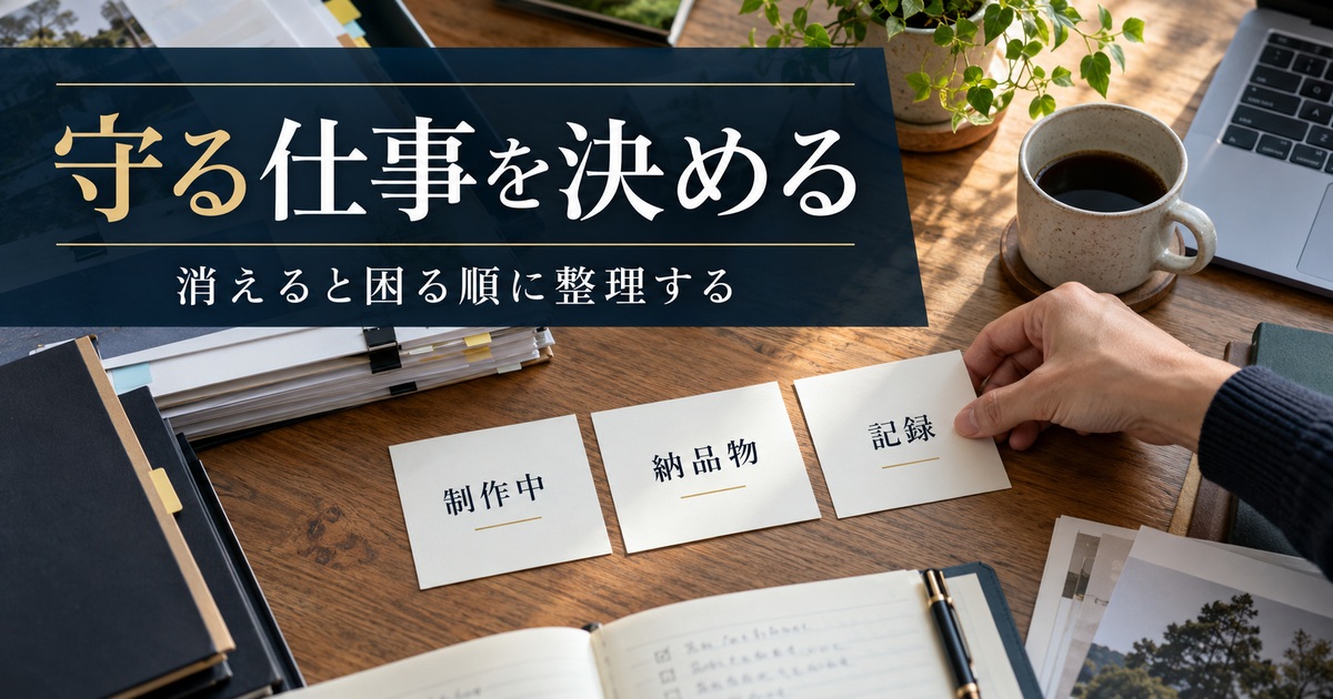 制作中・納品物・記録を分け、消えると困る順に守る仕事を決める。