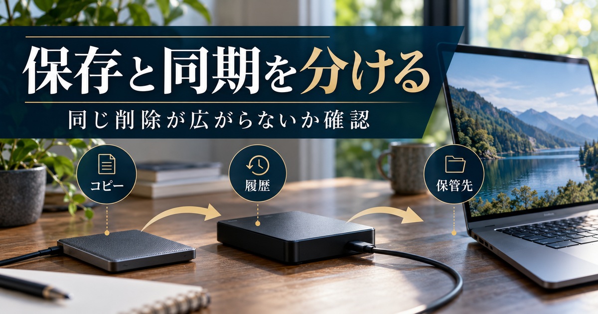 保存と同期を区別し、コピー・履歴・保管先で同じ削除が広がらないか確認する。