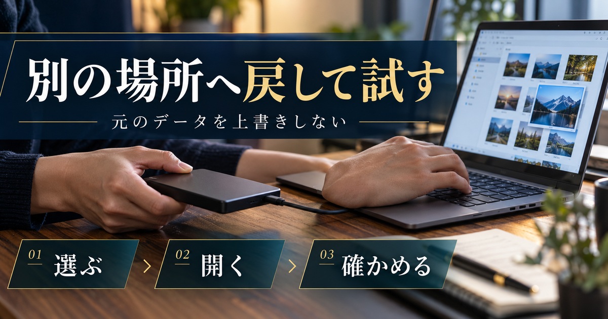 元のデータを上書きせず、別の場所へ戻して選ぶ・開く・確かめる。