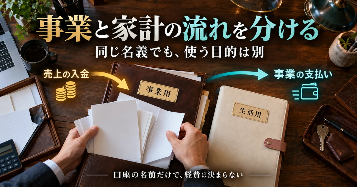 事業と家計の流れを分ける:同じ名義でも、使う目的は別を示す説明用生成画像