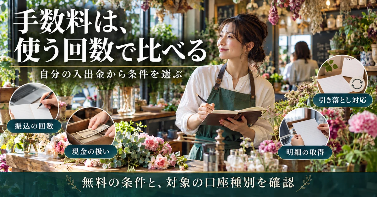 手数料は、使う回数で比べる:自分の入出金から条件を選ぶを示す説明用生成画像