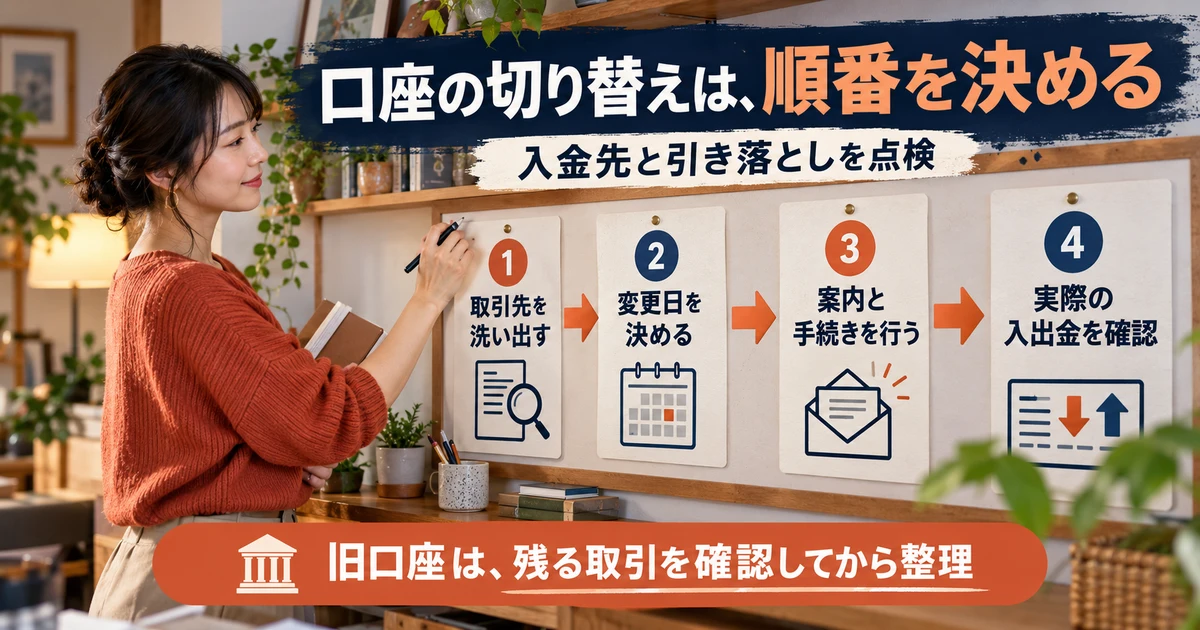口座の切り替えは、順番を決める:入金先と引き落としを点検を示す説明用生成画像