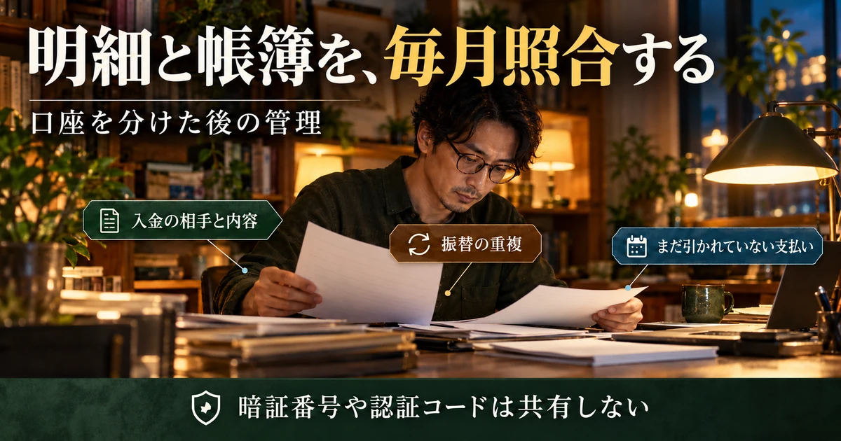 明細と帳簿を、毎月照合する:口座を分けた後の管理を示す説明用生成画像