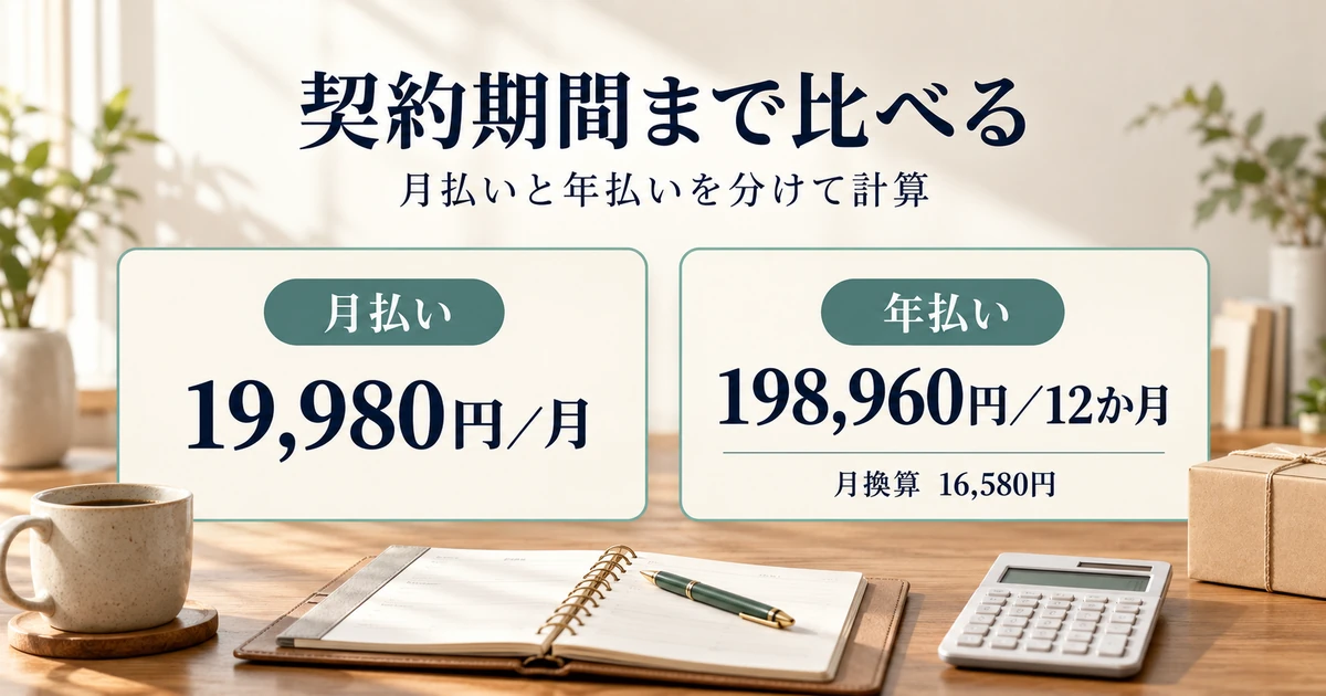 グロースの月払い19,980円と年払い198,960円、年払い月換算16,580円を分けて示す図