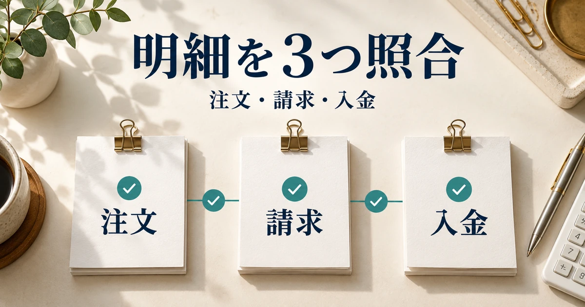 注文明細・契約の請求・銀行入金を別々に確認して照合するチェック図