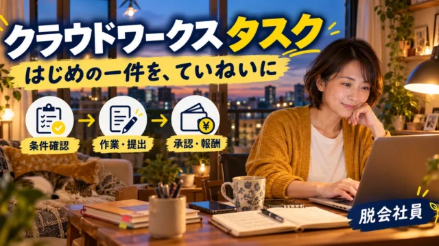 クラウドワークス タスクを条件確認・作業・提出・承認・報酬で説明する生成イメージ