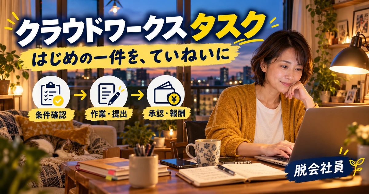 クラウドワークス タスクを条件確認・作業・提出・承認・報酬で説明する生成イメージ