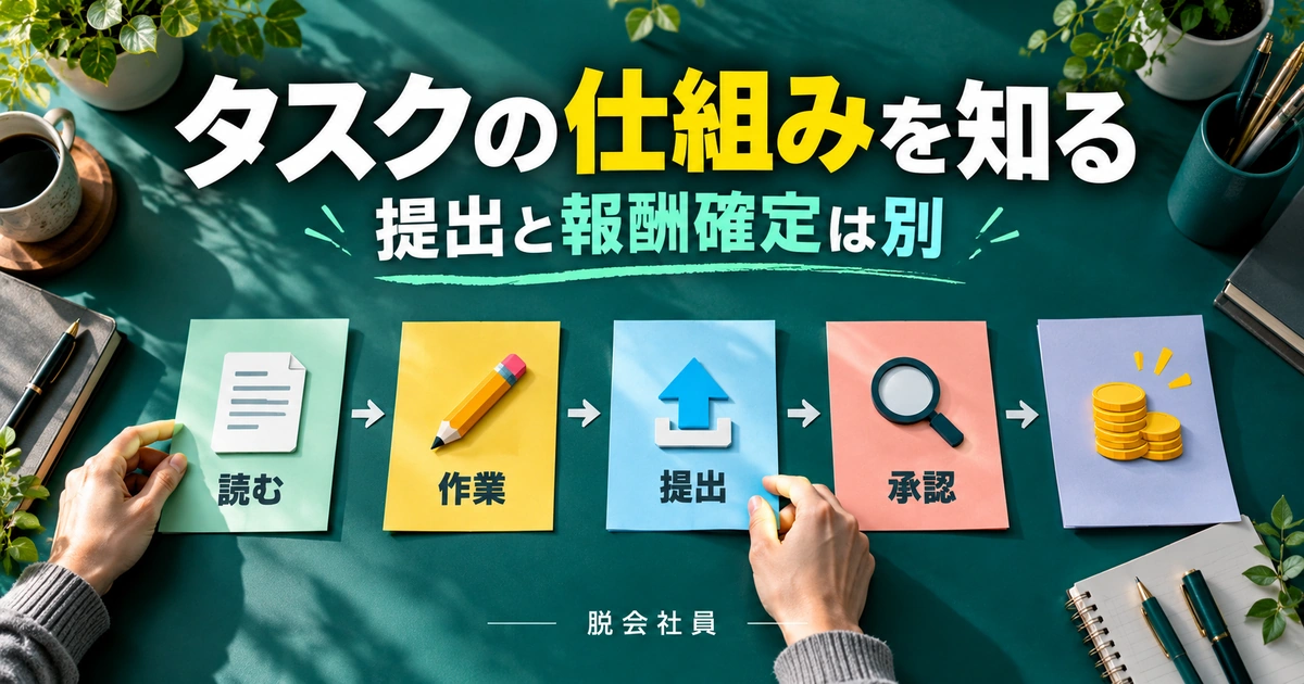 タスクの仕組みを知るを読む → 作業 → 提出 → 承認で説明する生成イメージ