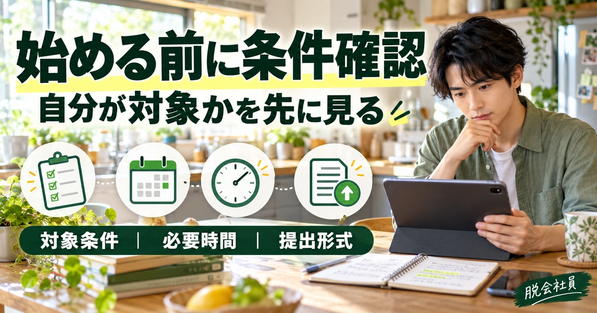 始める前に条件確認を対象条件・必要時間・提出形式で説明する生成イメージ