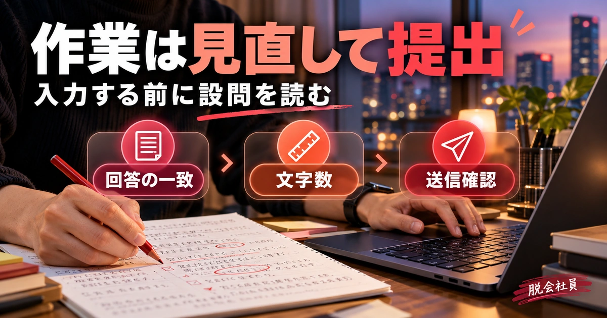 作業は見直して提出を回答の一致・文字数・送信確認で説明する生成イメージ