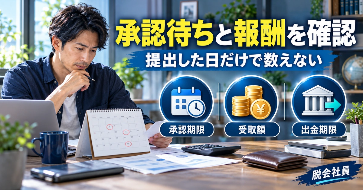 承認待ちと報酬を確認を承認期限・受取額・出金期限で説明する生成イメージ