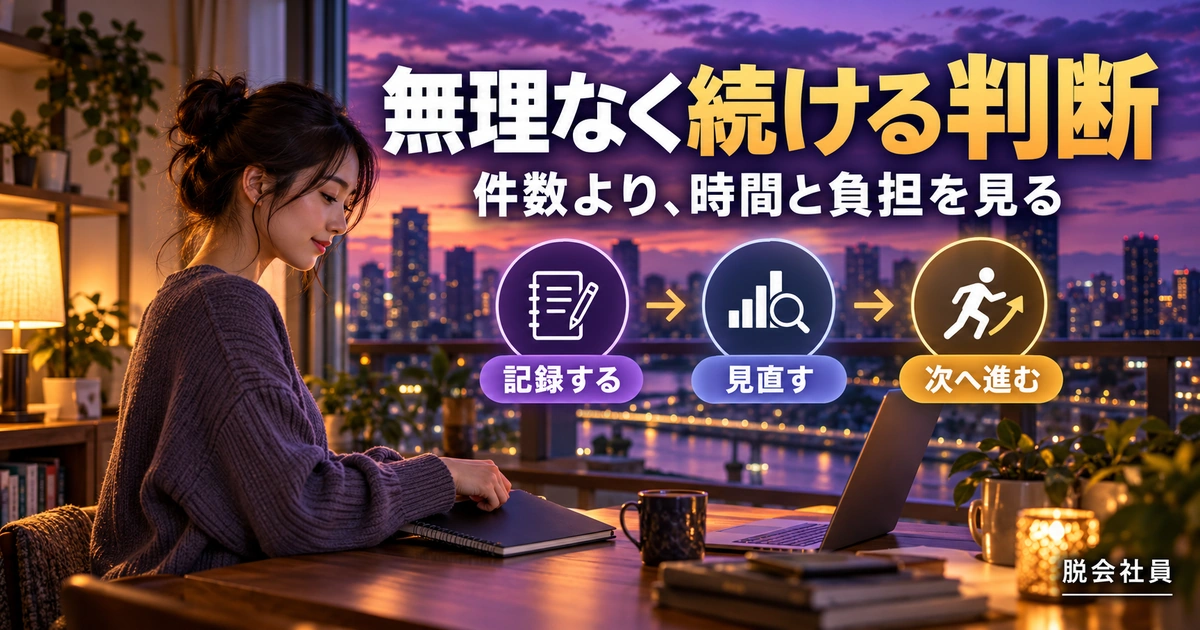 無理なく続ける判断を記録する・見直す・次へ進むで説明する生成イメージ