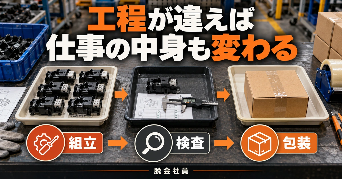 組立・検査・包装の担当工程を比較する生成イメージ